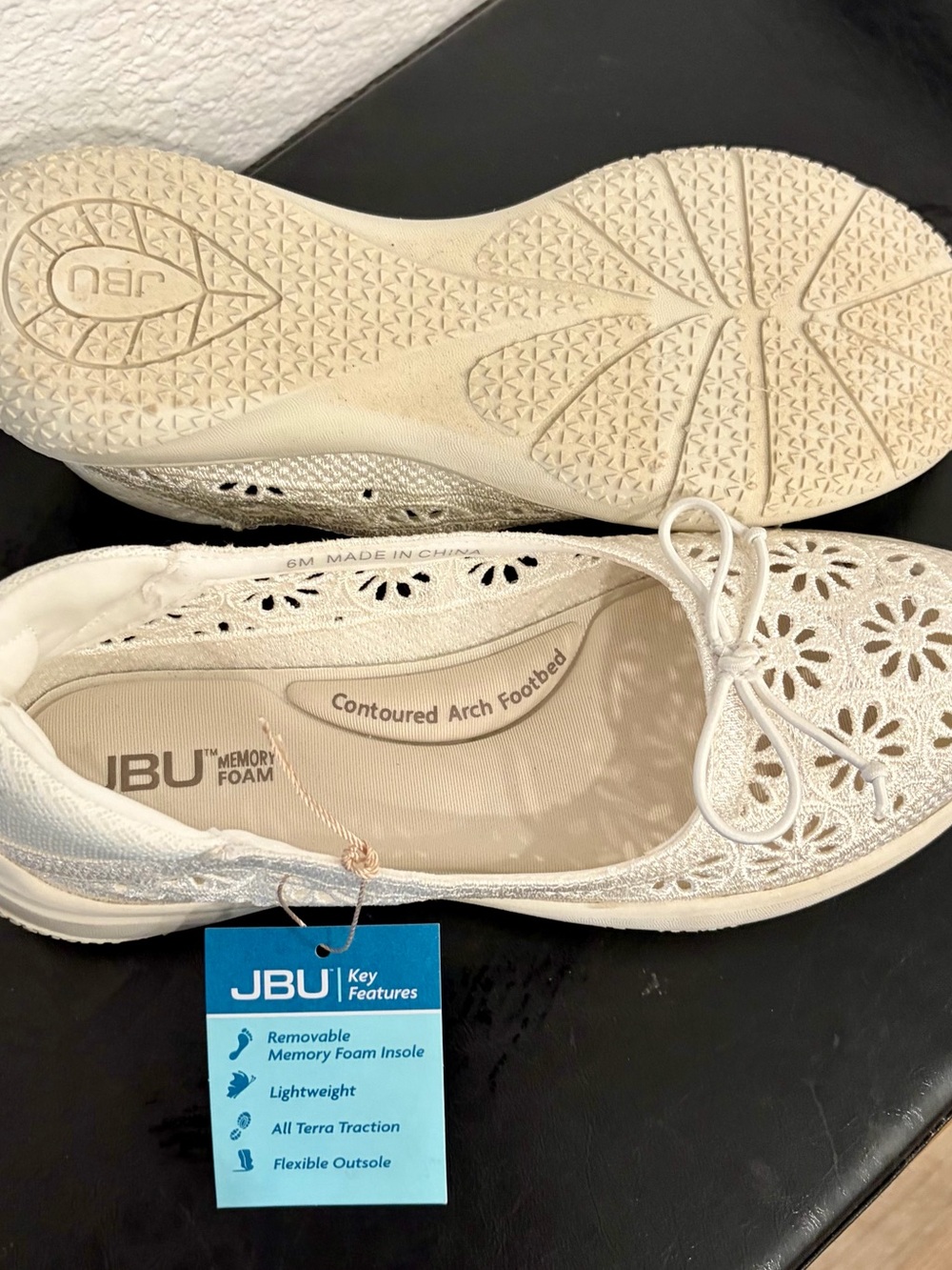 JBU Women's White Floral Cutout Slip-On Flats